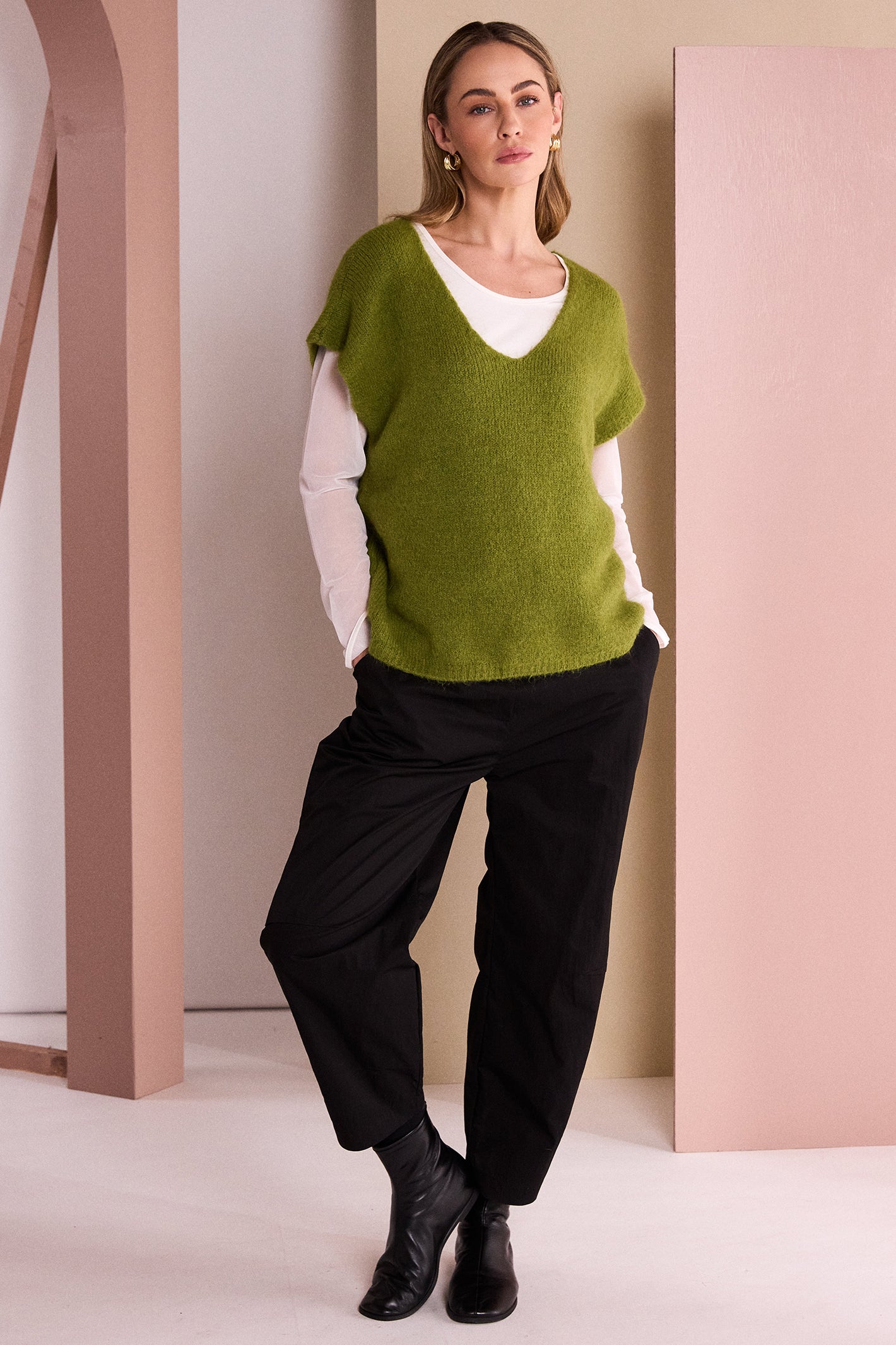 Naya Avocado Green Vee Neck Soft Knit With Extended Shoulder, detail