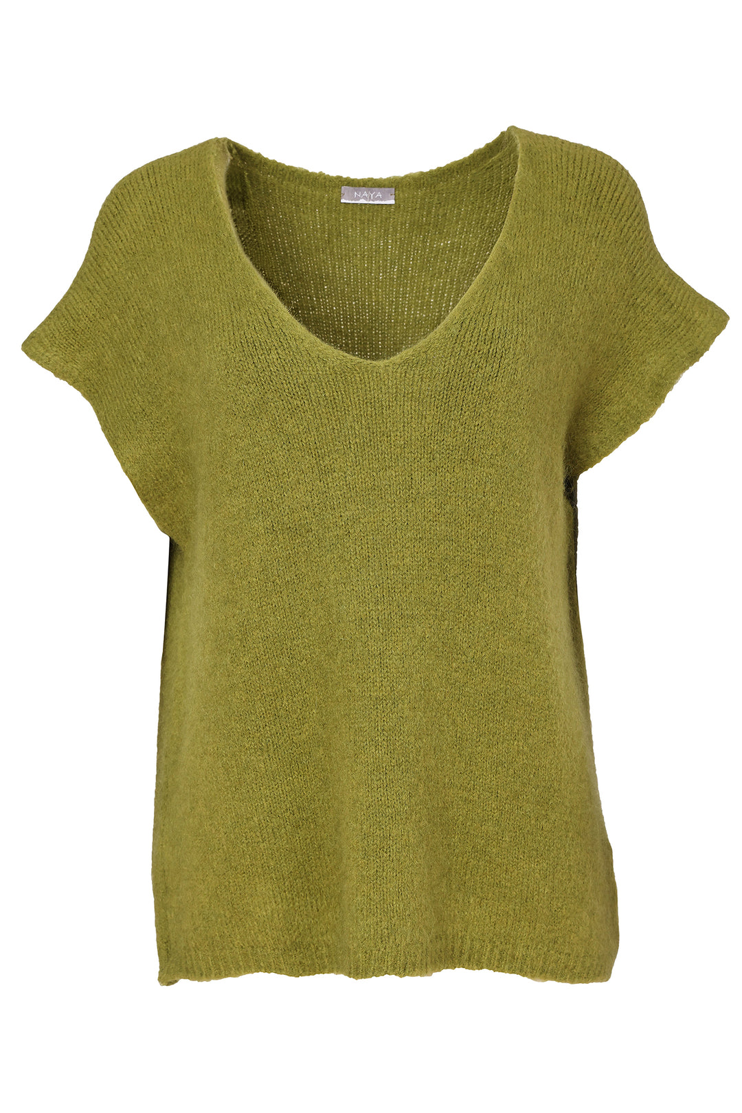 Naya Avocado Green Vee Neck Soft Knit With Extended Shoulder, styled