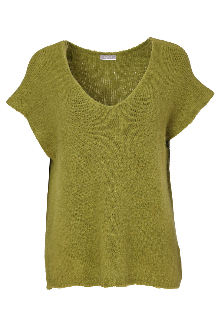 Naya Avocado Green Vee Neck Soft Knit With Extended Shoulder, styled
