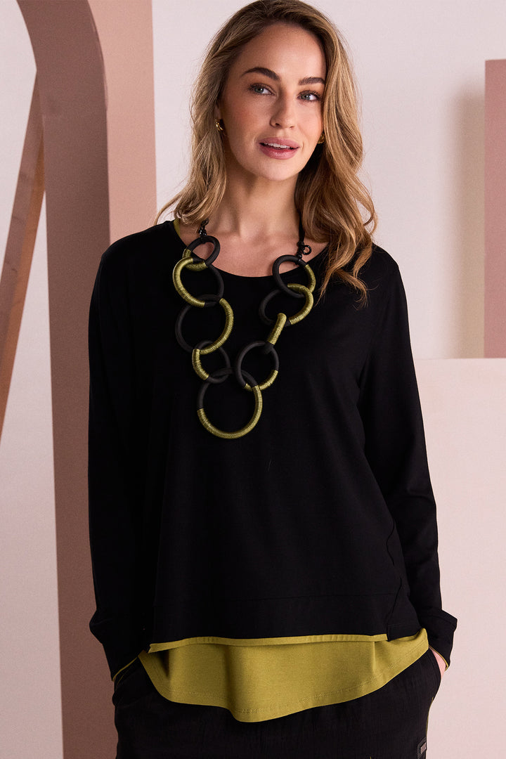 Naya Black Avocado Green Placement Print Top, front