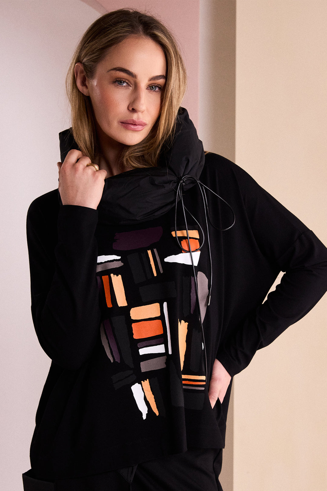 Naya Black Clove Orange Colour Block Placement Print Top, front