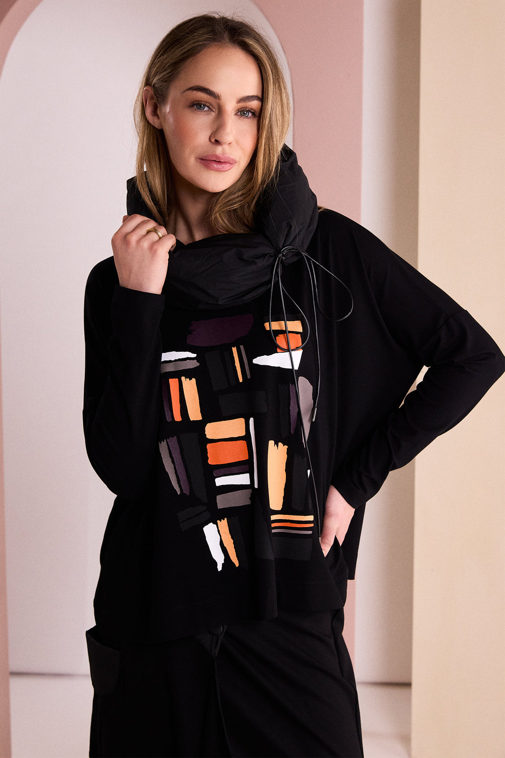 Naya Black Clove Orange Colour Block Placement Print Top, detail