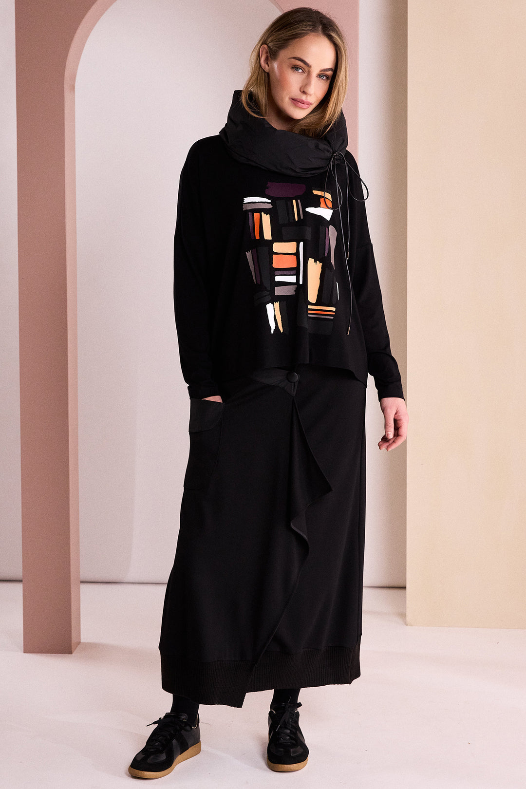 Naya Black Clove Orange Colour Block Placement Print Top, detail