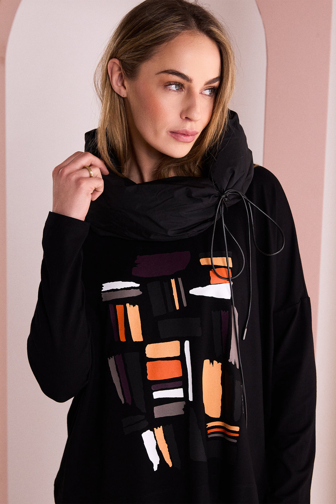 Naya Black Clove Orange Colour Block Placement Print Top, styled
