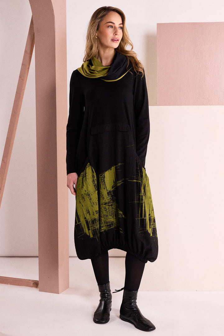 Naya Black Avocado Green Round Neck Dress With Scribble Print, front