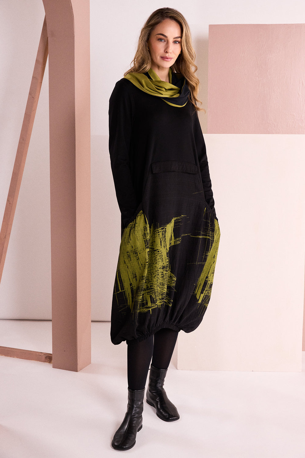Naya Black Avocado Green Round Neck Dress With Scribble Print, detail