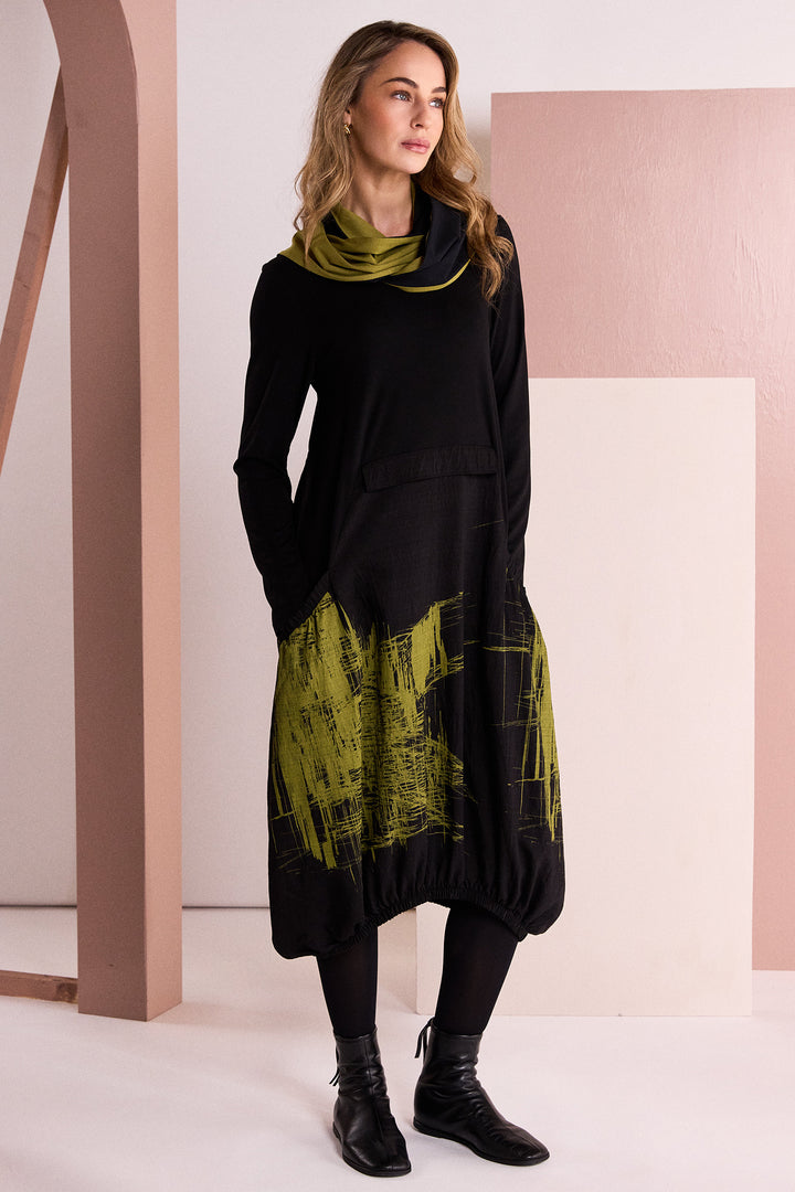 Naya Black Avocado Green Round Neck Dress With Scribble Print, styled