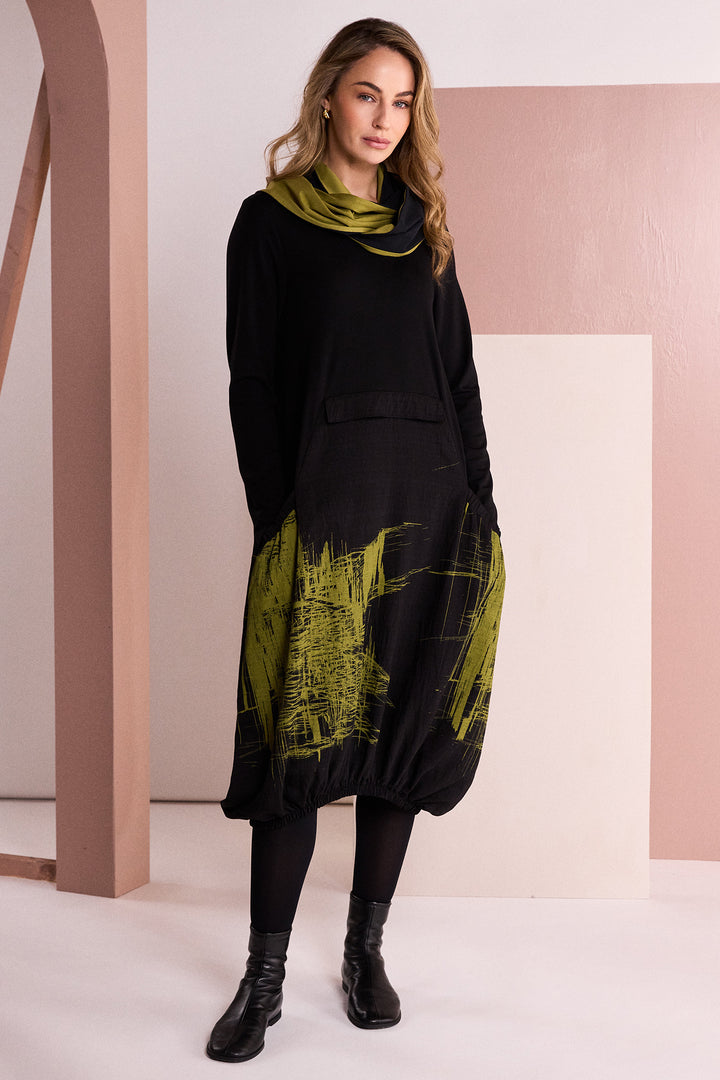Naya Black Avocado Green Round Neck Dress With Scribble Print, flat lay