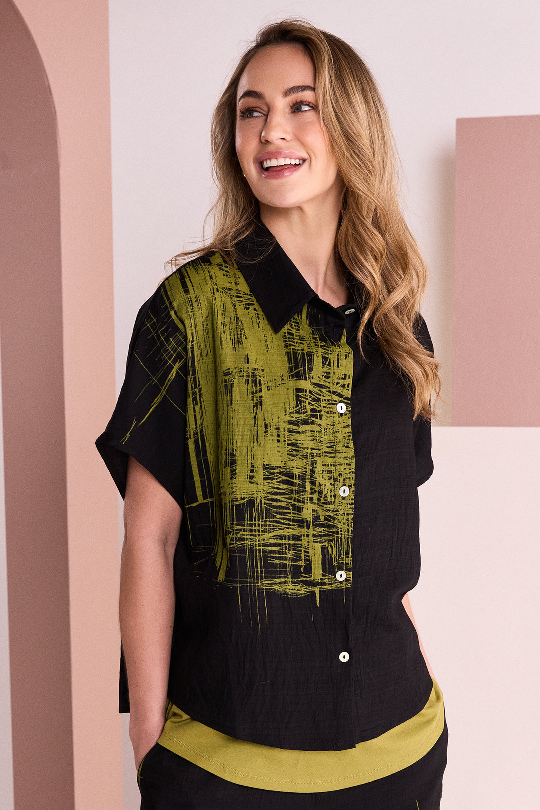 Naya Black Avocado Green Scribble Placement Print Shirt, front