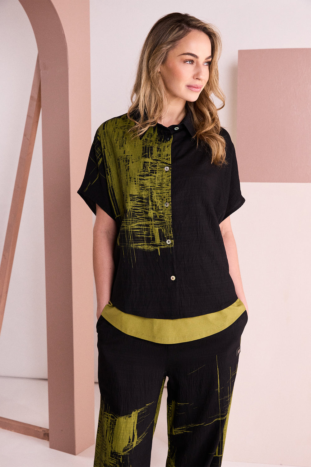 Naya Black Avocado Green Scribble Placement Print Shirt, detail