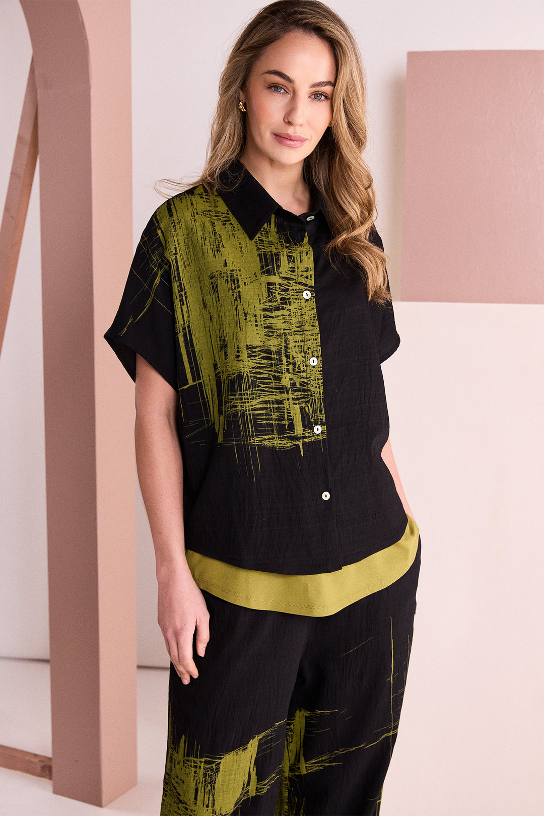 Naya Black Avocado Green Scribble Placement Print Shirt, styled