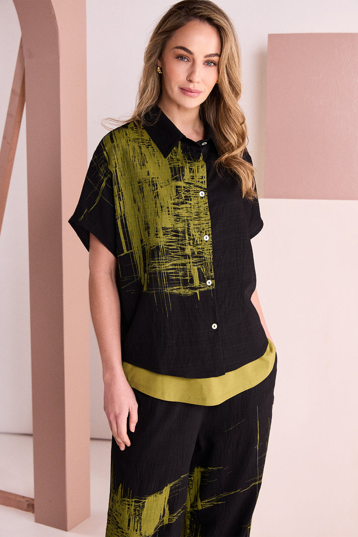Naya Black Avocado Green Scribble Placement Print Shirt, styled