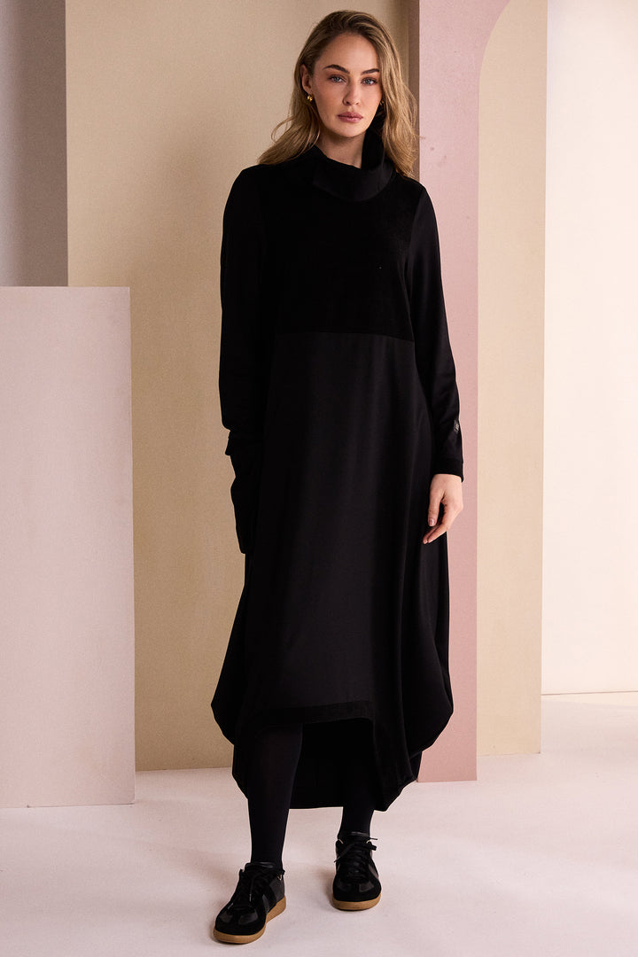 Naya Black/Black Scoop Hem Dress With Corded Top Panel, front