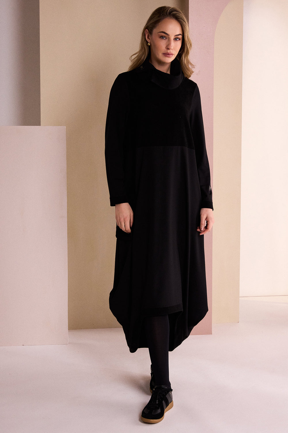 Naya Black/Black Scoop Hem Dress With Corded Top Panel, back
