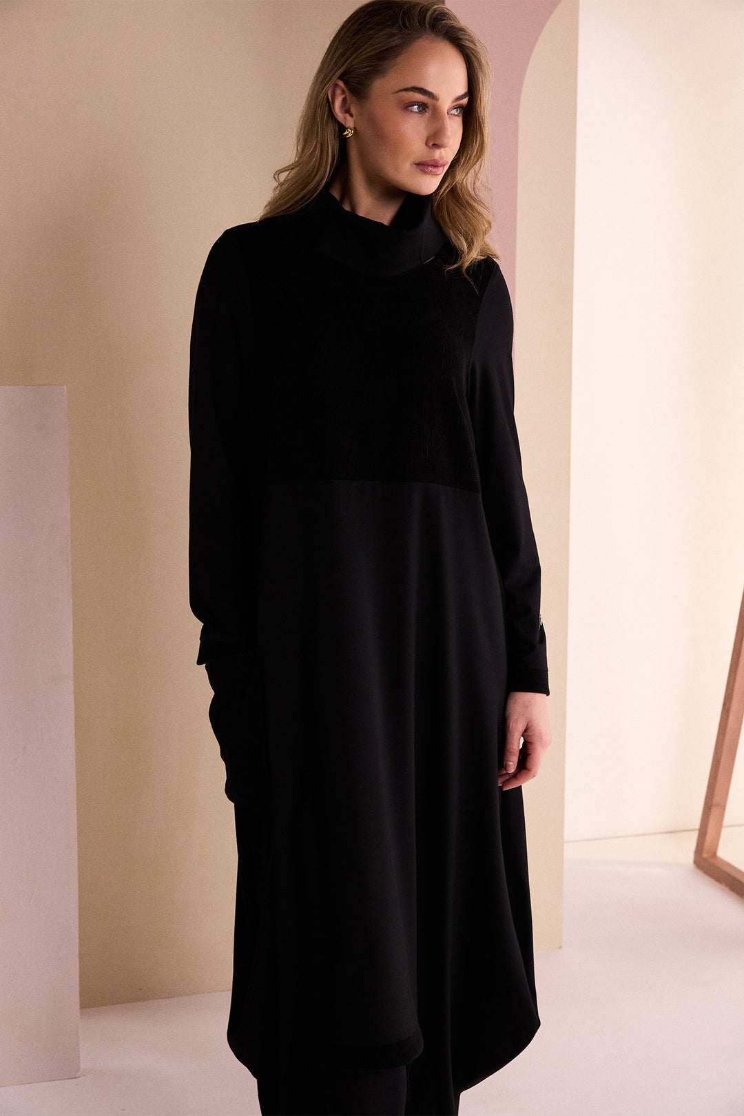 Naya Black/Black Scoop Hem Dress With Corded Top Panel, detail