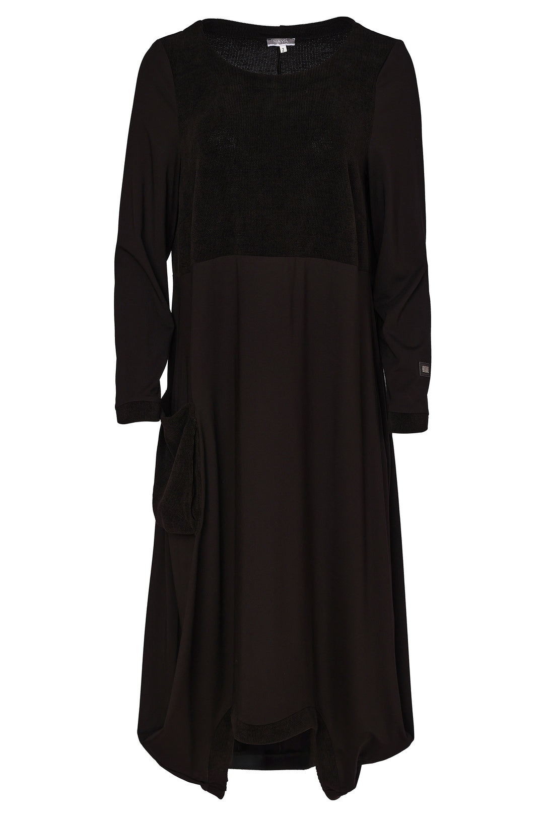 Naya Black/Black Scoop Hem Dress With Corded Top Panel, styled