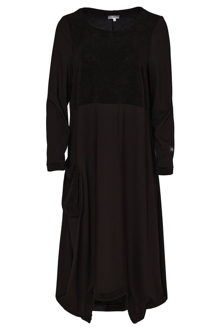 Naya Black/Black Scoop Hem Dress With Corded Top Panel, styled