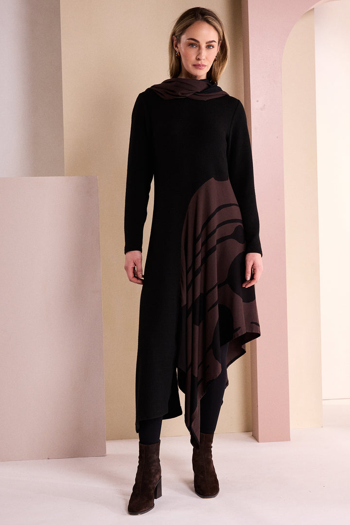 Naya Black Choko Brown Round Neck Dress With Curved Print Panel, front