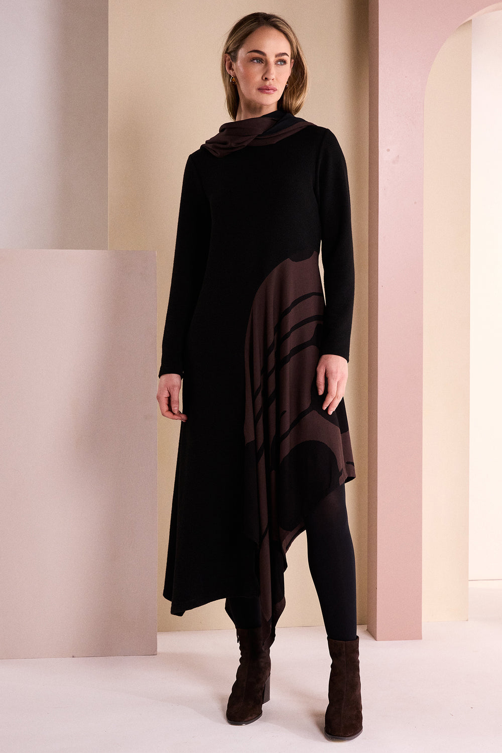 Naya Black Choko Brown Round Neck Dress With Curved Print Panel, detail