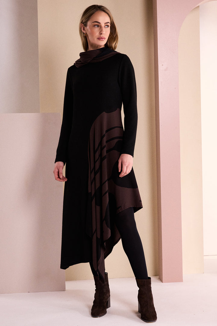 Naya Black Choko Brown Round Neck Dress With Curved Print Panel, styled