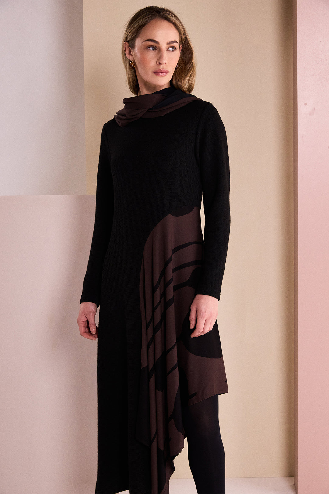 Naya Black Choko Brown Round Neck Dress With Curved Print Panel, flat lay