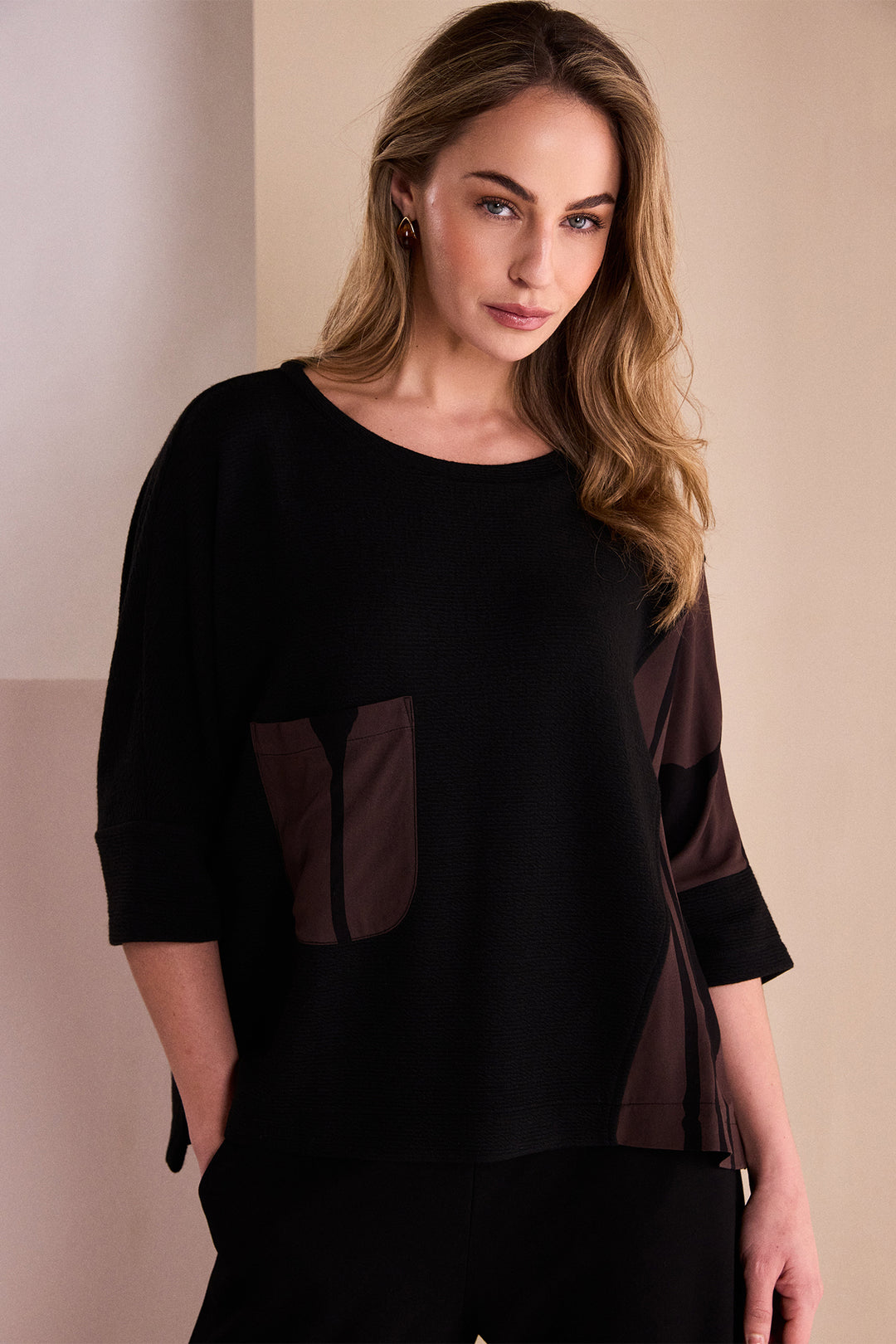 Naya Black Choko Brown Round Neck Top With Print Sections, front