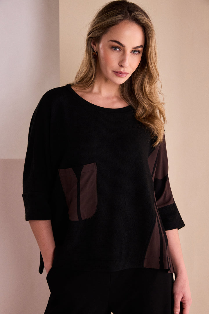 Naya Black Choko Brown Round Neck Top With Print Sections, front