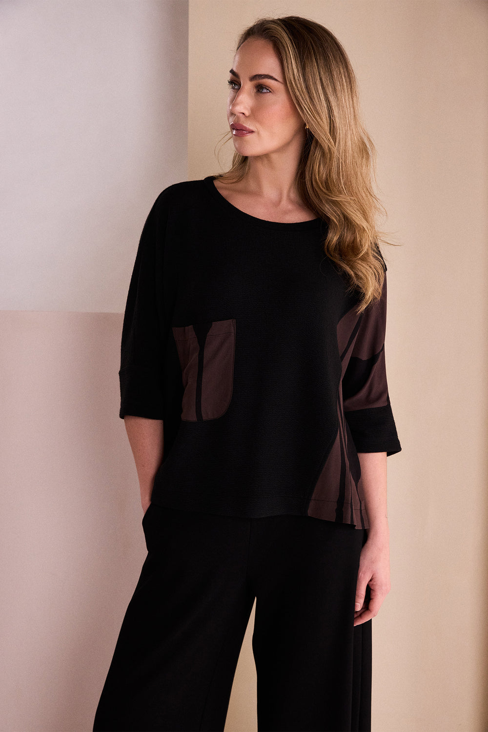 Naya Black Choko Brown Round Neck Top With Print Sections, detail