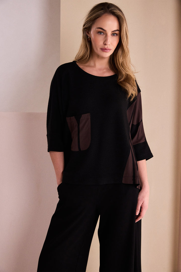 Naya Black Choko Brown Round Neck Top With Print Sections, detail