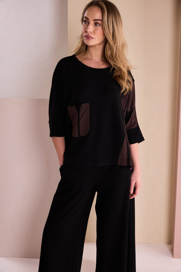 Naya Black Choko Brown Round Neck Top With Print Sections, styled