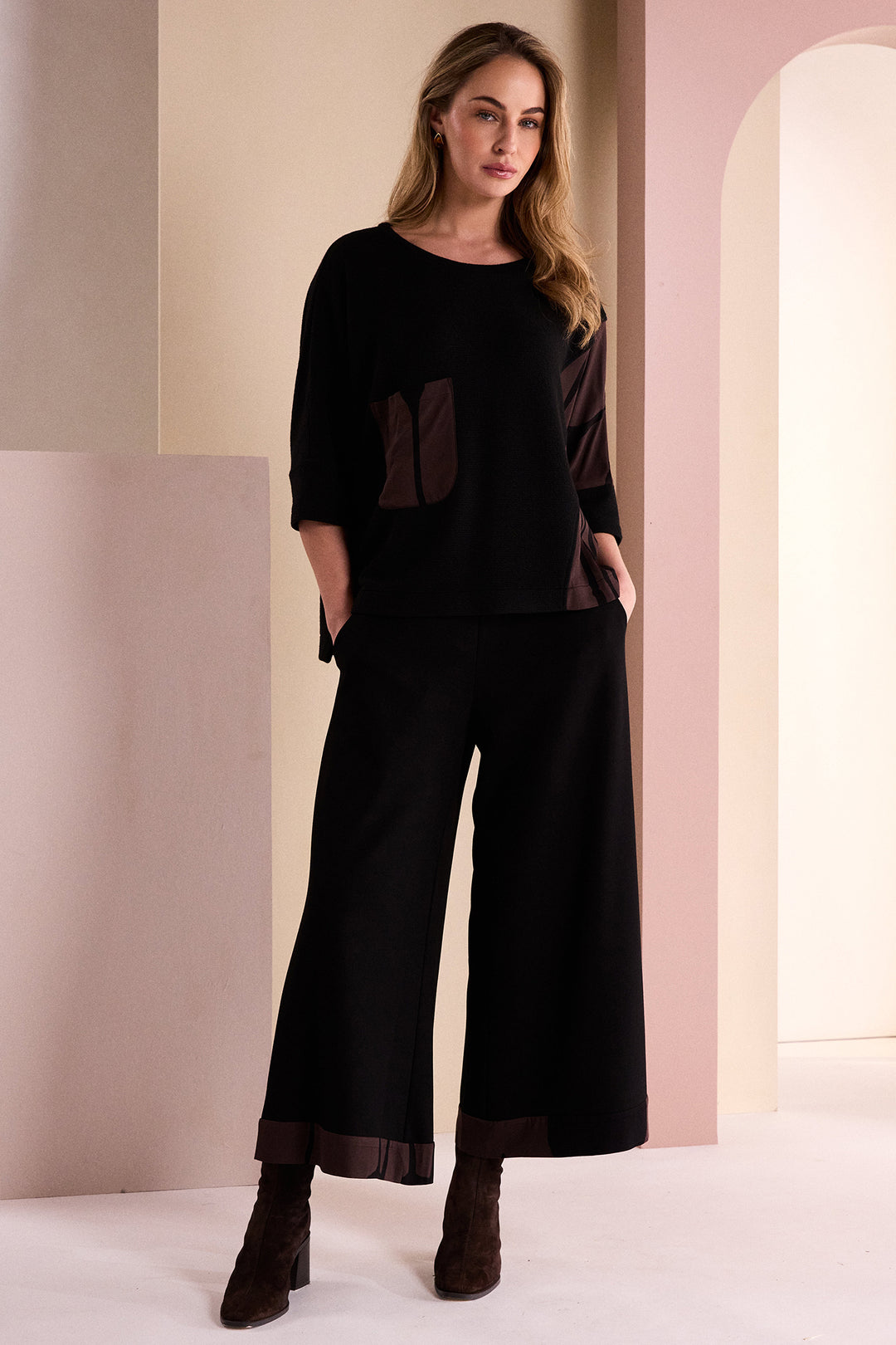 Naya Black Choko Brown Round Neck Top With Print Sections, flat lay