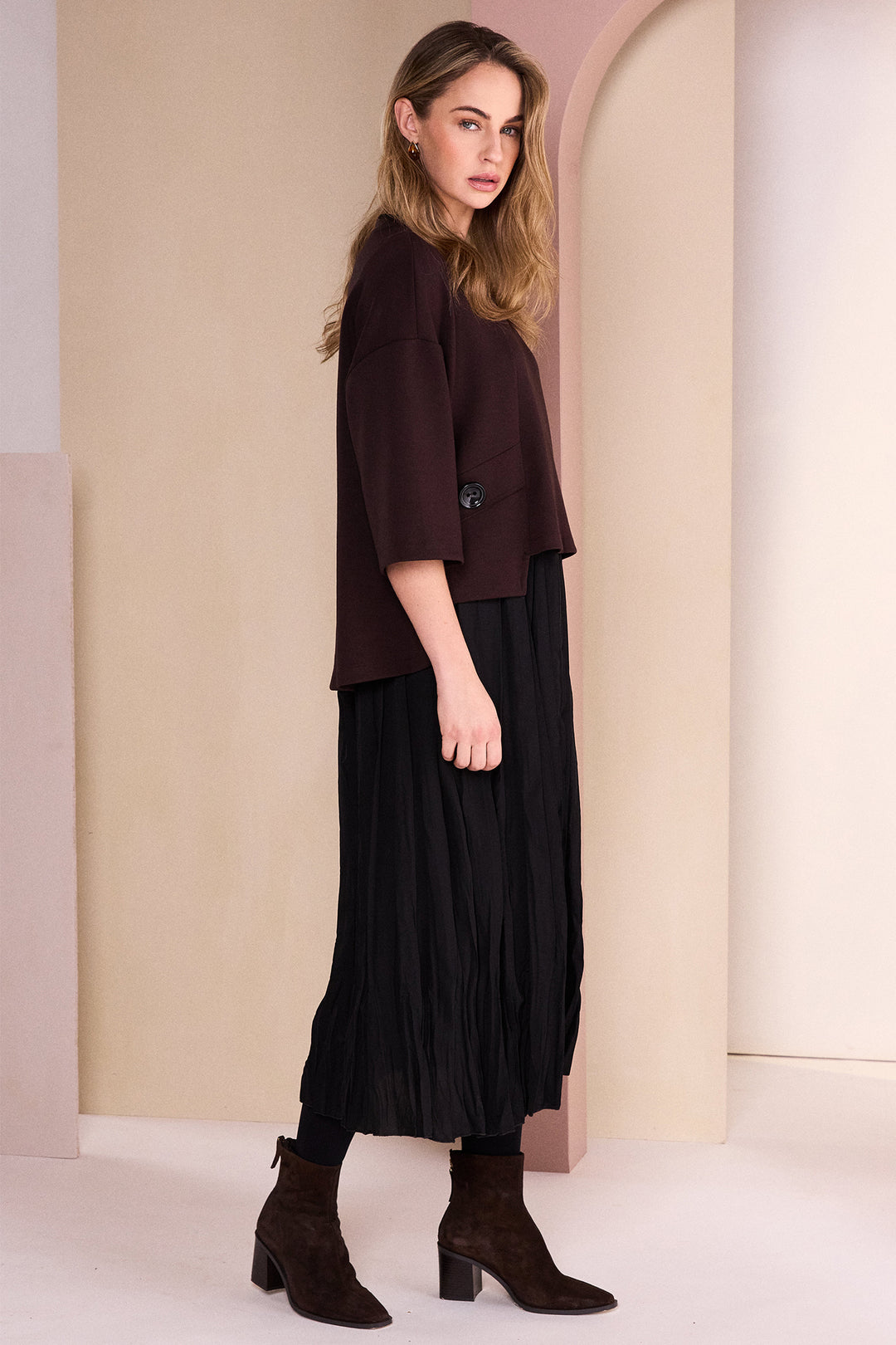 Naya Black/Choko Brown Two Piece Crushed Dress With Overtop, detail