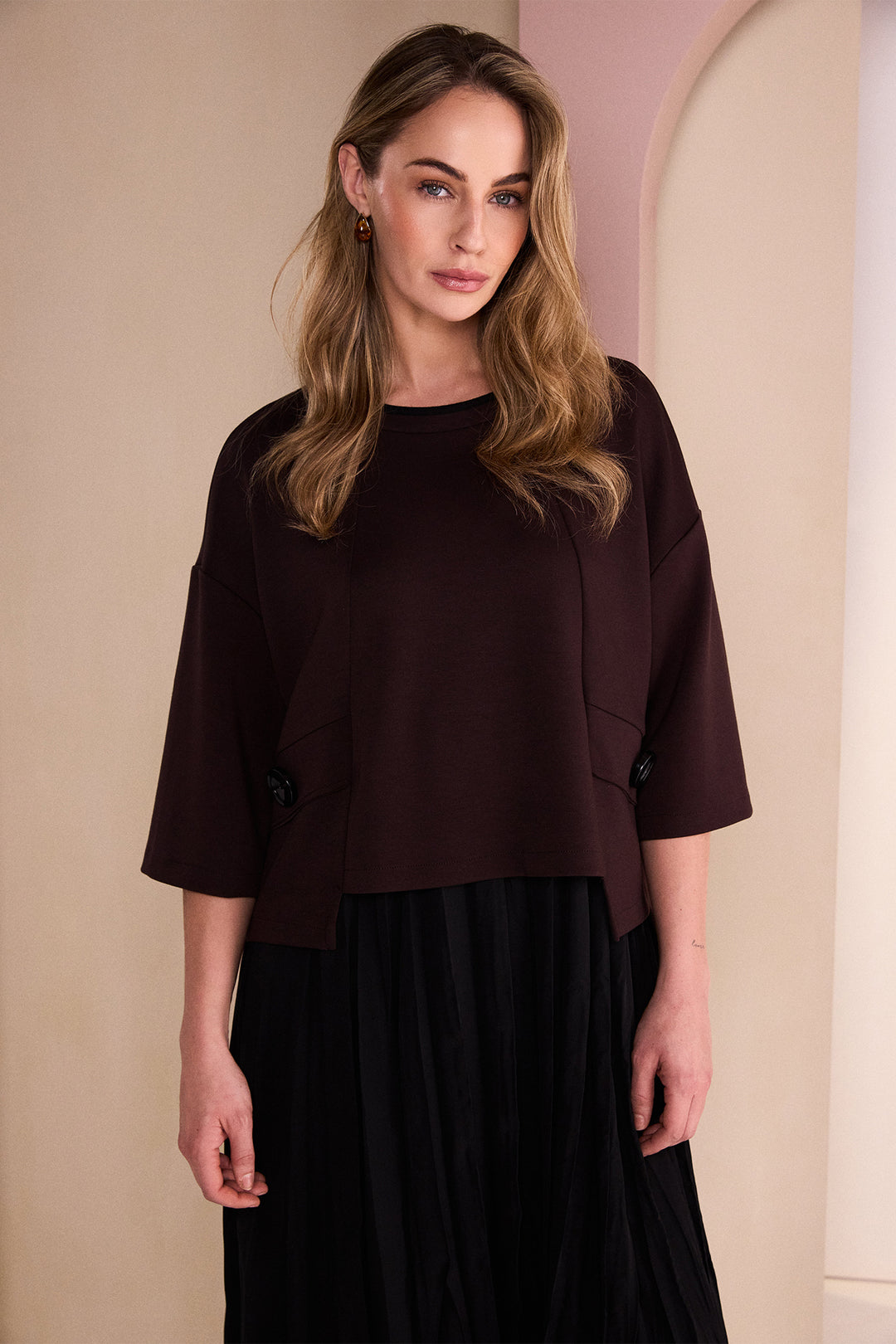 Naya Black/Choko Brown Two Piece Crushed Dress With Overtop, flat lay