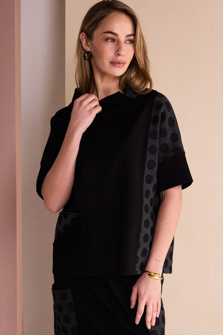 Naya Black/Grey High Neck Top With Jacquard Spot Panels And Pocket Detail, front