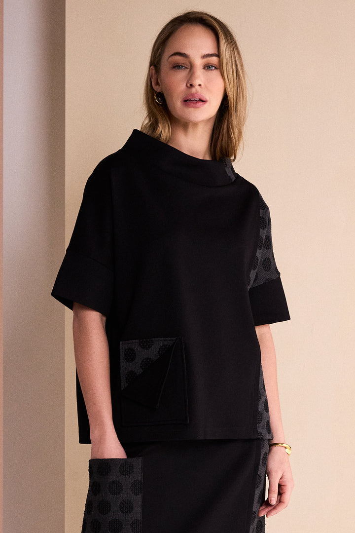 Naya Black/Grey High Neck Top With Jacquard Spot Panels And Pocket Detail, back