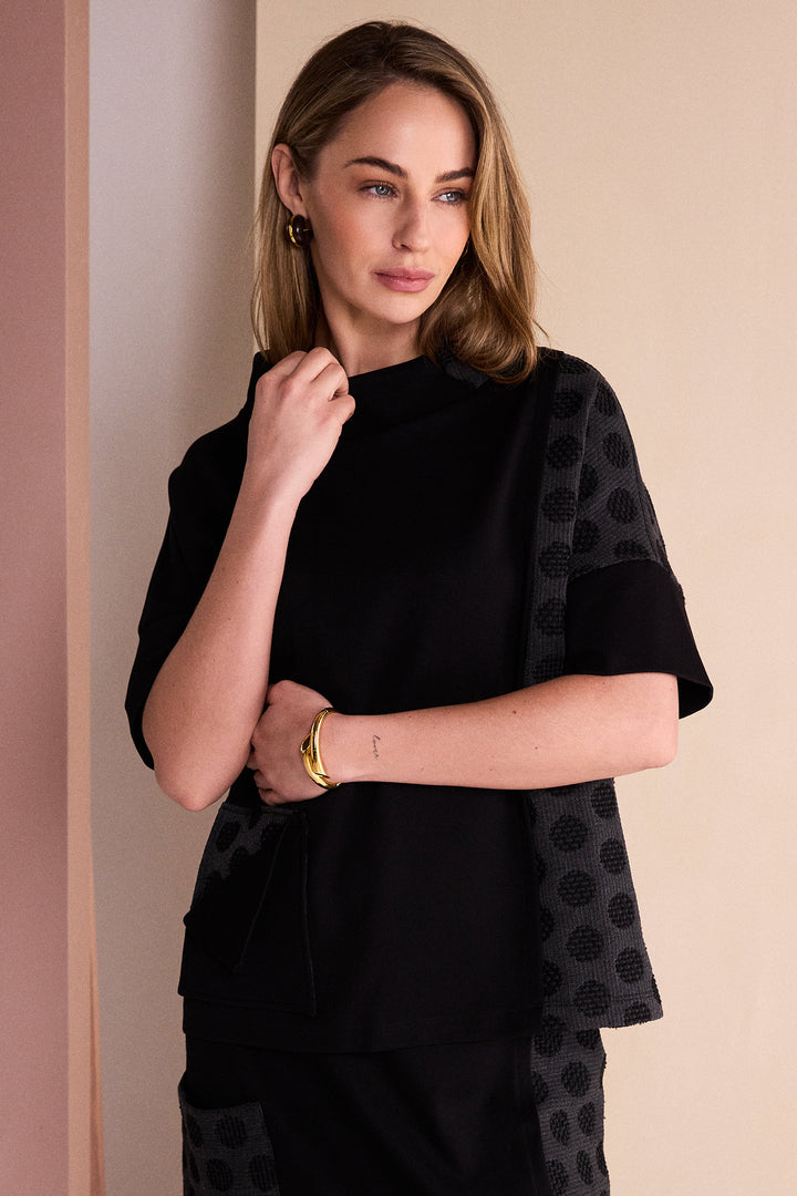 Naya Black/Grey High Neck Top With Jacquard Spot Panels And Pocket Detail, detail