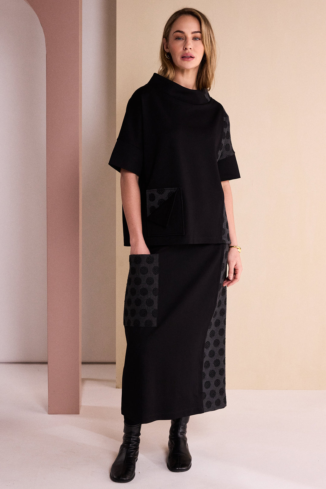 Naya Black/Grey High Neck Top With Jacquard Spot Panels And Pocket Detail, styled