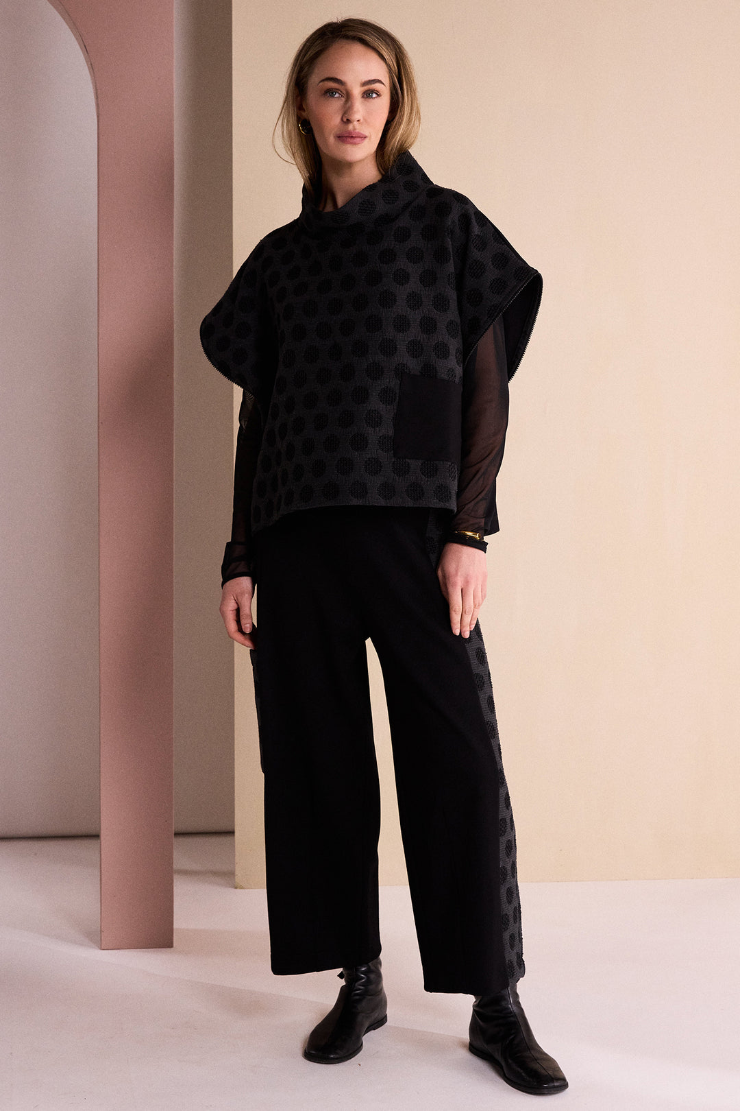 Naya Black/Grey Spot Jacquard Top With Pocket And Side Zip, styled
