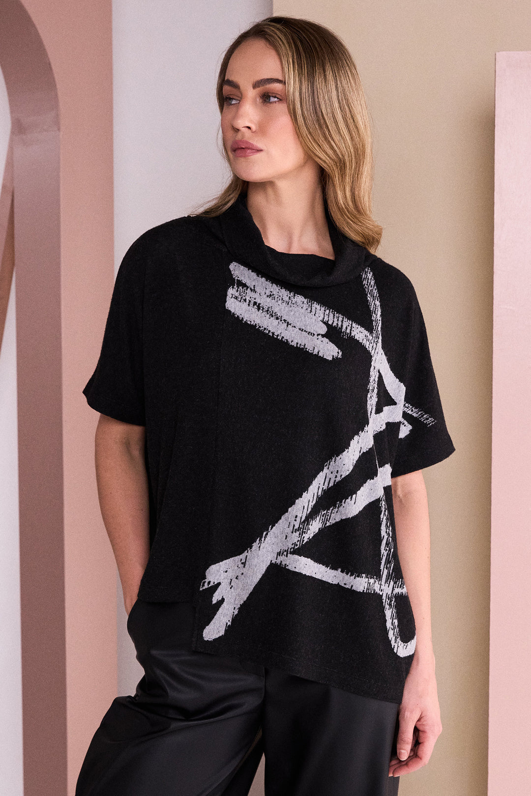 Naya Black/Silver Brush Stroke Print Square Shape High Neck Top, front