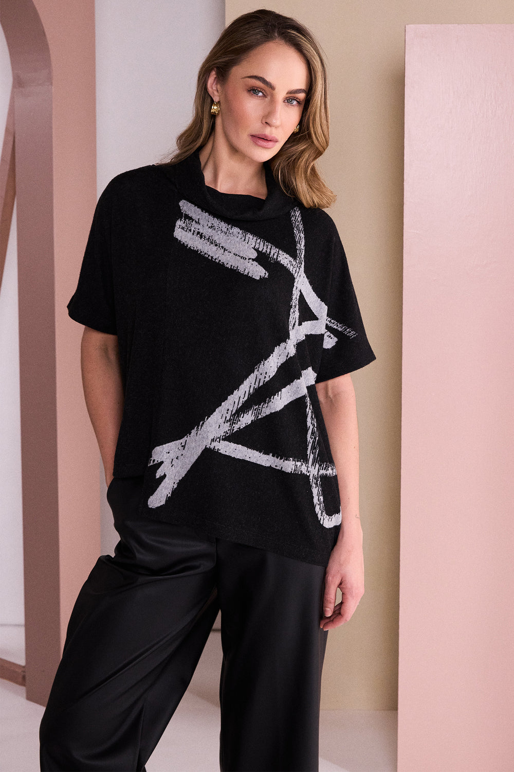 Naya Black/Silver Brush Stroke Print Square Shape High Neck Top, back