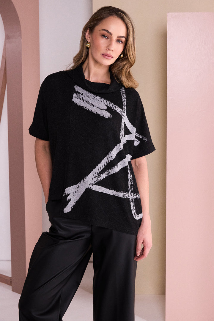 Naya Black/Silver Brush Stroke Print Square Shape High Neck Top, side