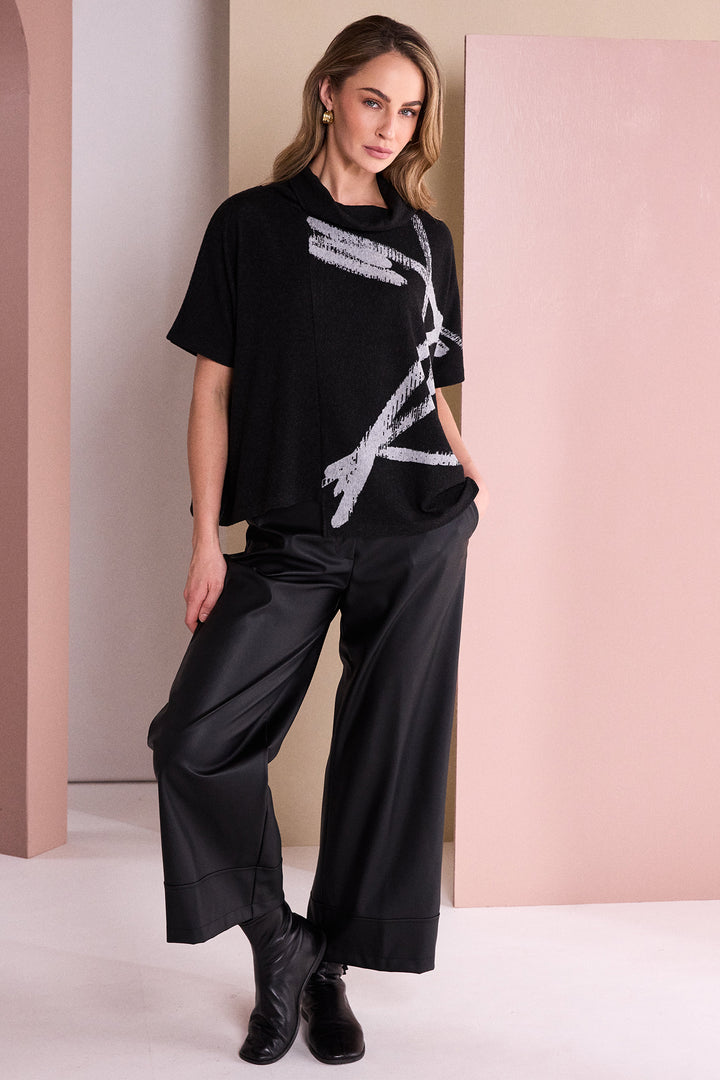 Naya Black/Silver Brush Stroke Print Square Shape High Neck Top, detail