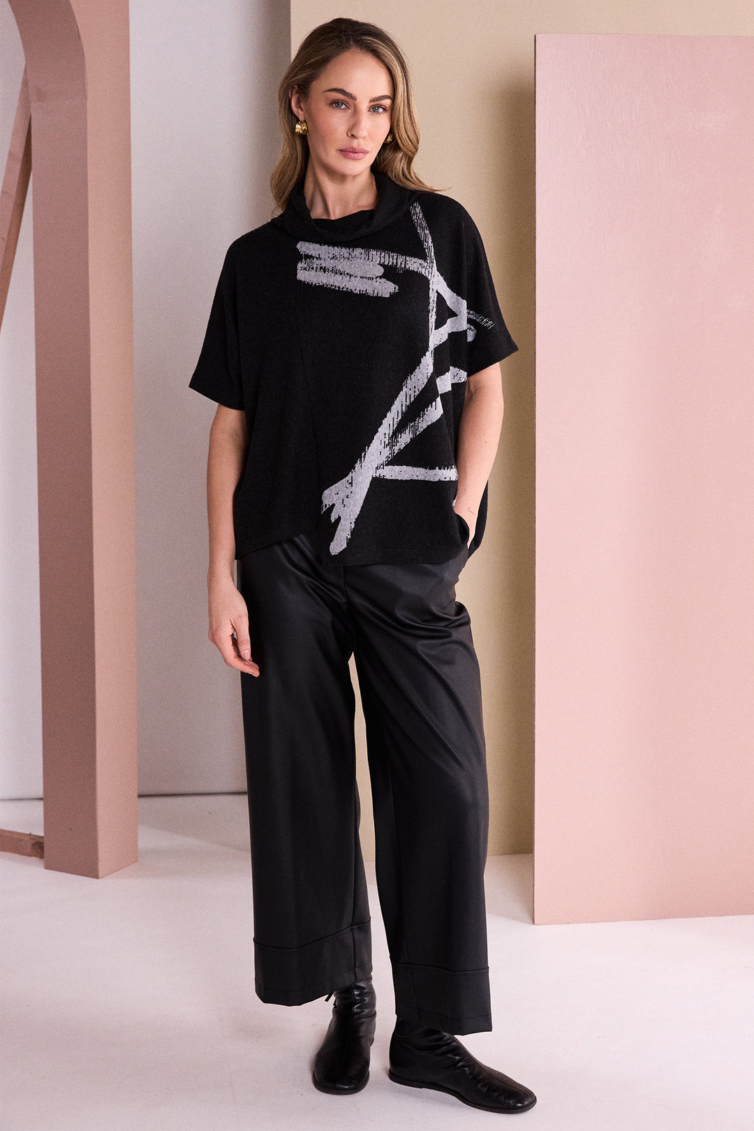Naya Black/Silver Brush Stroke Print Square Shape High Neck Top, styled