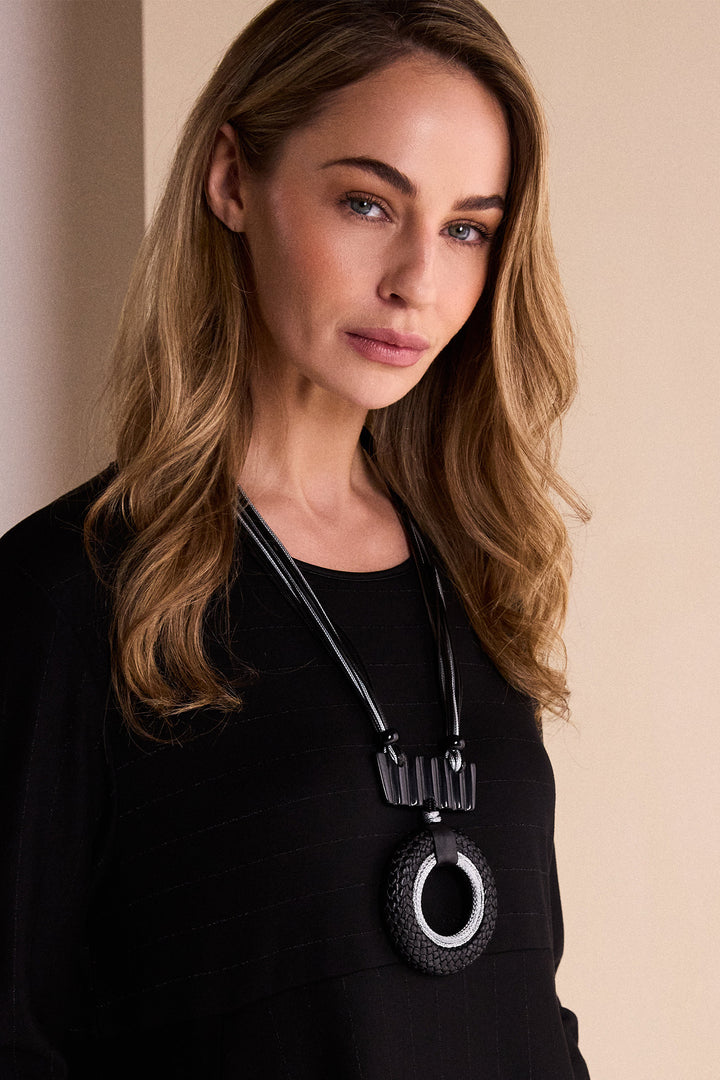 Naya Black/Silver Leather Look Circle Necklace With Bar Trim, front