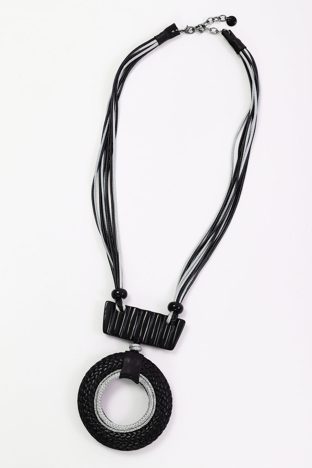 Naya Black/Silver Leather Look Circle Necklace With Bar Trim, detail