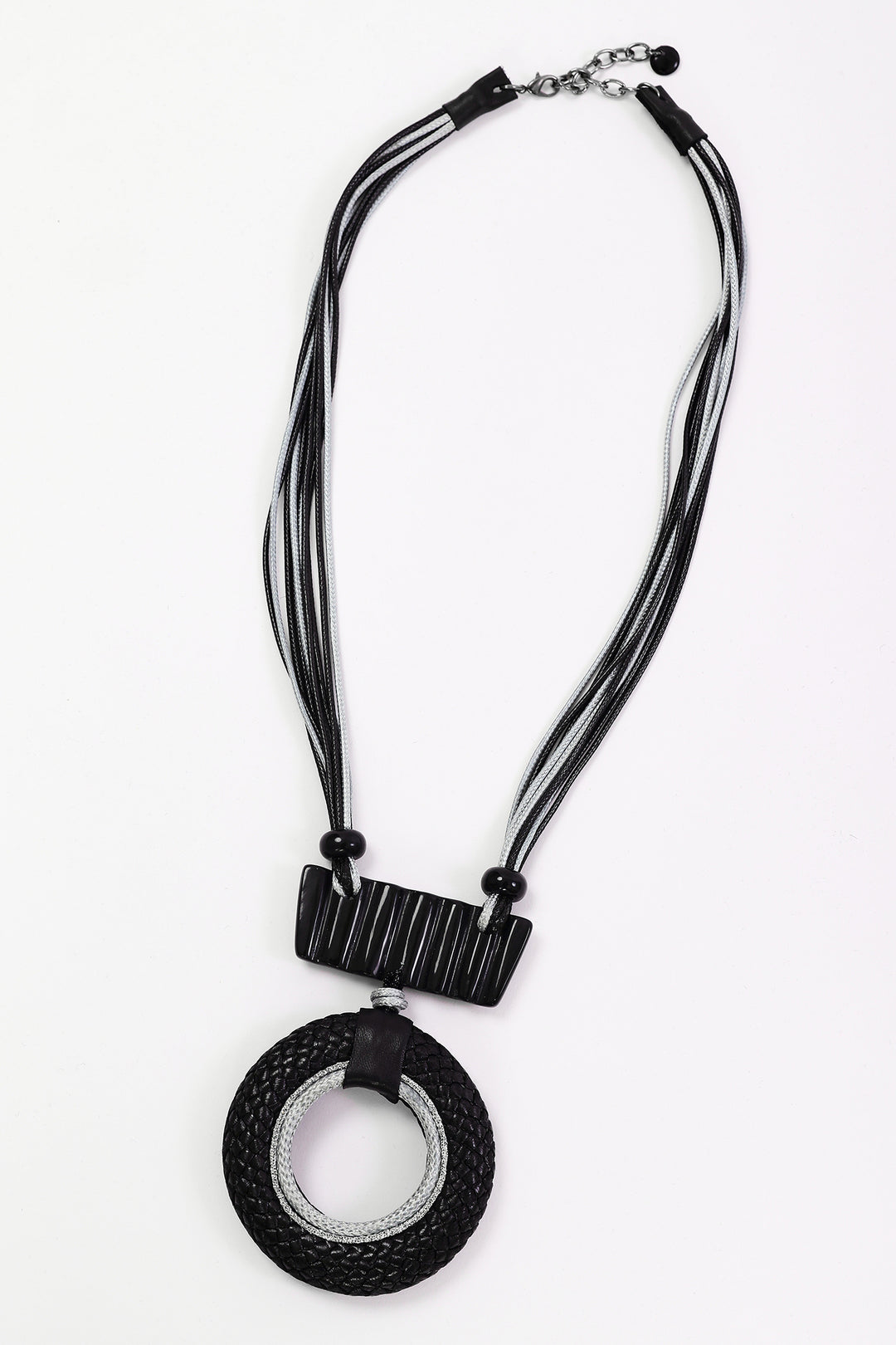 Naya Black/Silver Leather Look Circle Necklace With Bar Trim, detail