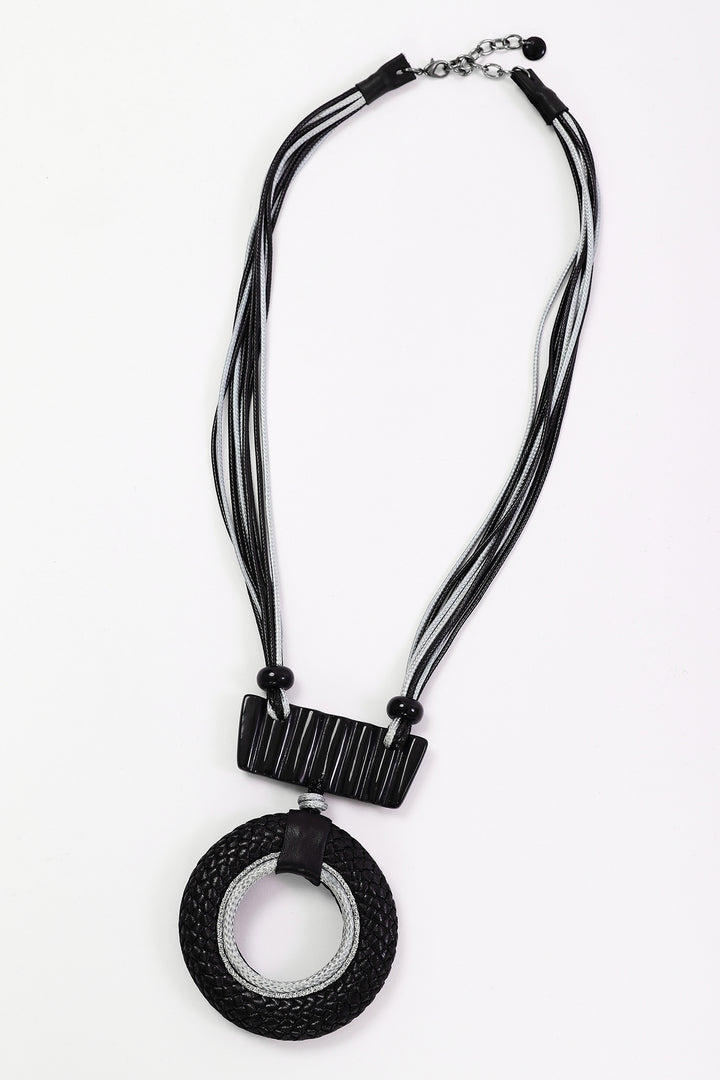 Naya Black/Silver Leather Look Circle Necklace With Bar Trim, detail