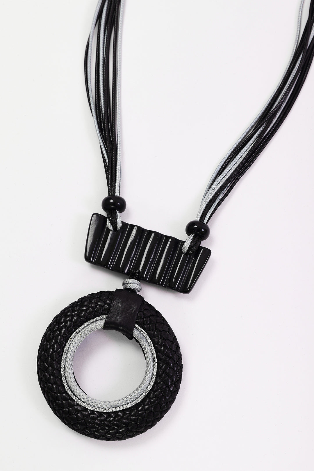 Naya Black/Silver Leather Look Circle Necklace With Bar Trim, detail
