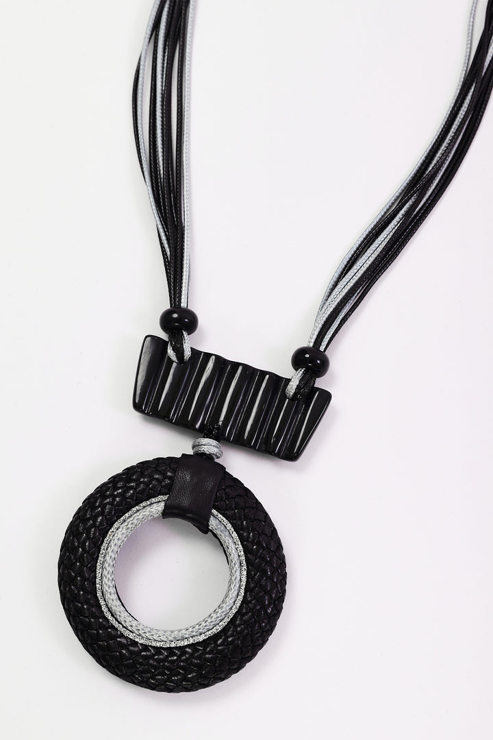 Naya Black/Silver Leather Look Circle Necklace With Bar Trim, detail