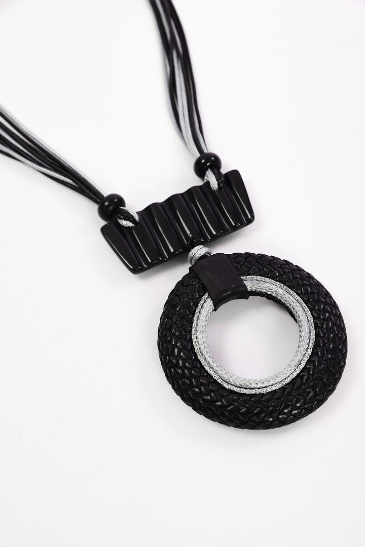 Naya Black/Silver Leather Look Circle Necklace With Bar Trim, styled